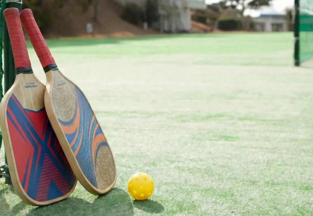 ピックルボールのラケットとボールが置かれたコート